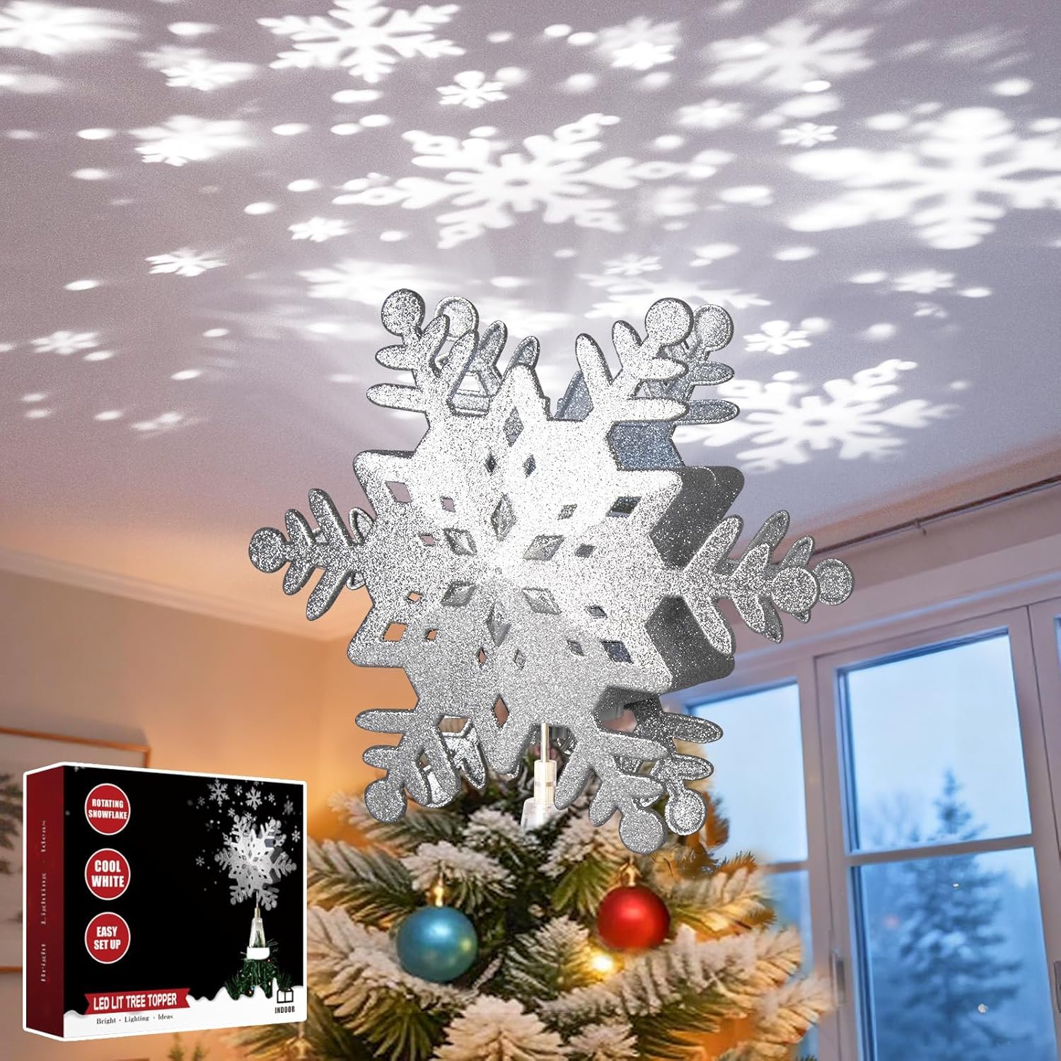 EAMBRITE Christmas Tree Topper Silver Snowflake Tree Topper Projector with Rotating Snowflake Projection Plug in for Indoor and Outdoor Christmas Tree Decoration