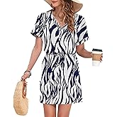 AUSELILY Womens Summer Dress 2026 Casual Short Sleeve Sundress V Neck Tie Button Beach Swing Dresses with Pockets