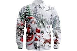Men Christmas Shirt Ugly Xmas Party Long Sleeve Button Down Shirts Big Tall Santa Claus Holiday Tops Wrinkle-Free Golf Shirt
