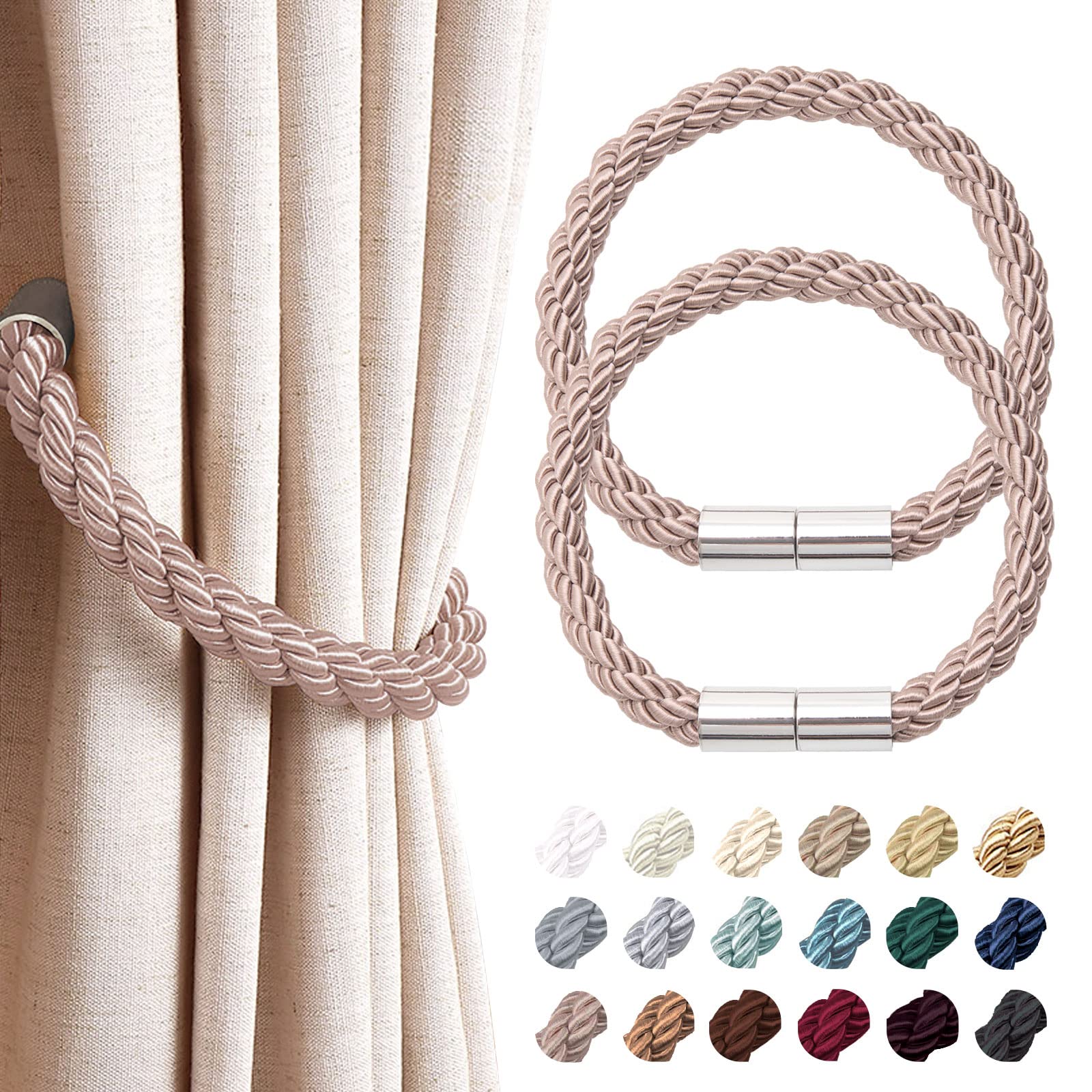 Pretty Jolly 2 Pack Strong Magnetic Curtain Tiebacks Modern Simple Style Drape Tie Backs Convenient Decorative Weave Rope Curtain Holdback for Thin or Thick Home & Office Window Drapery (Grey Coffee)