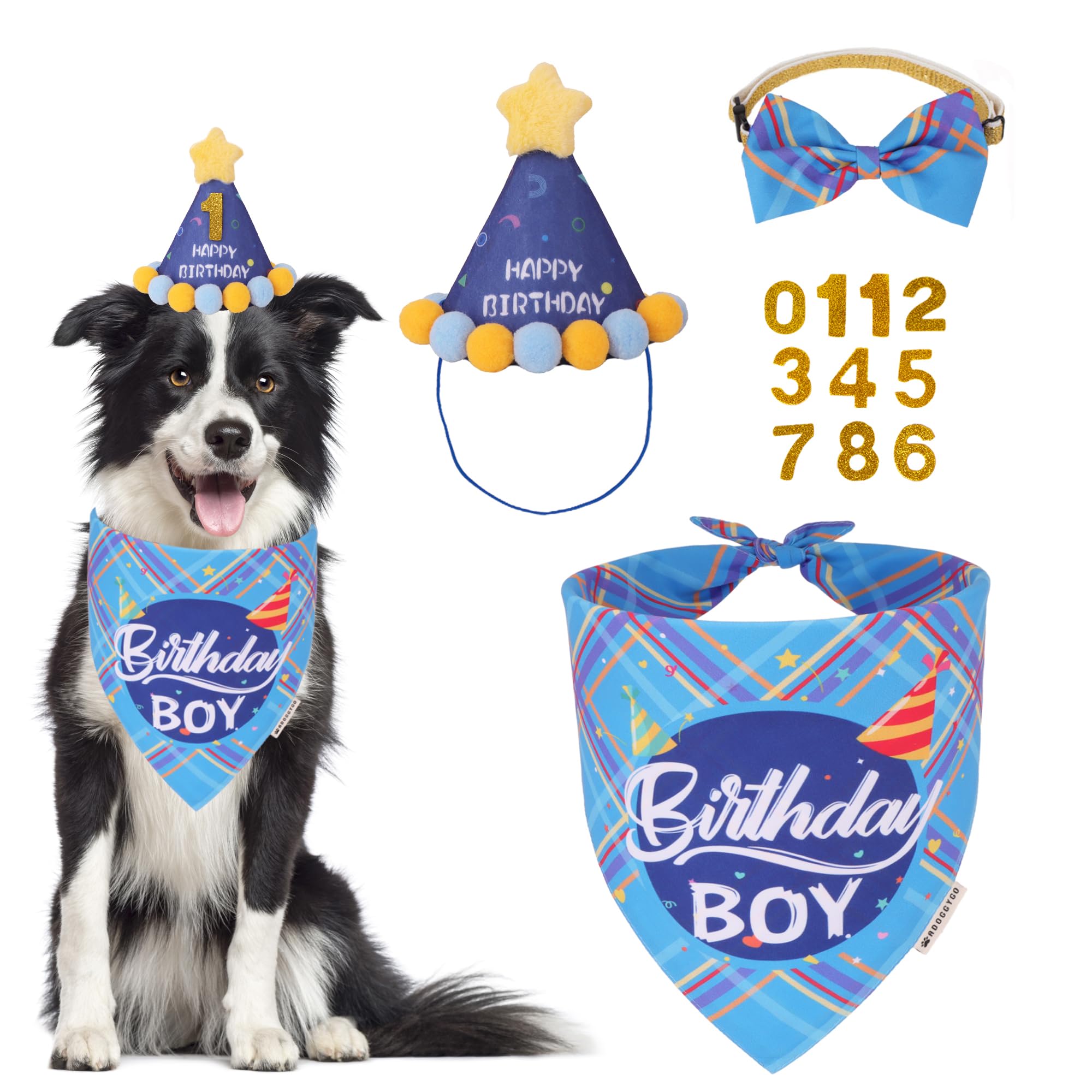 Photo 1 of ADOGGYGO Dog Birthday Party Supplies, Blue Birthday Boy Bandana, Bowtie, Numbers, Party Hat for for Medium Large Dogs (Large)