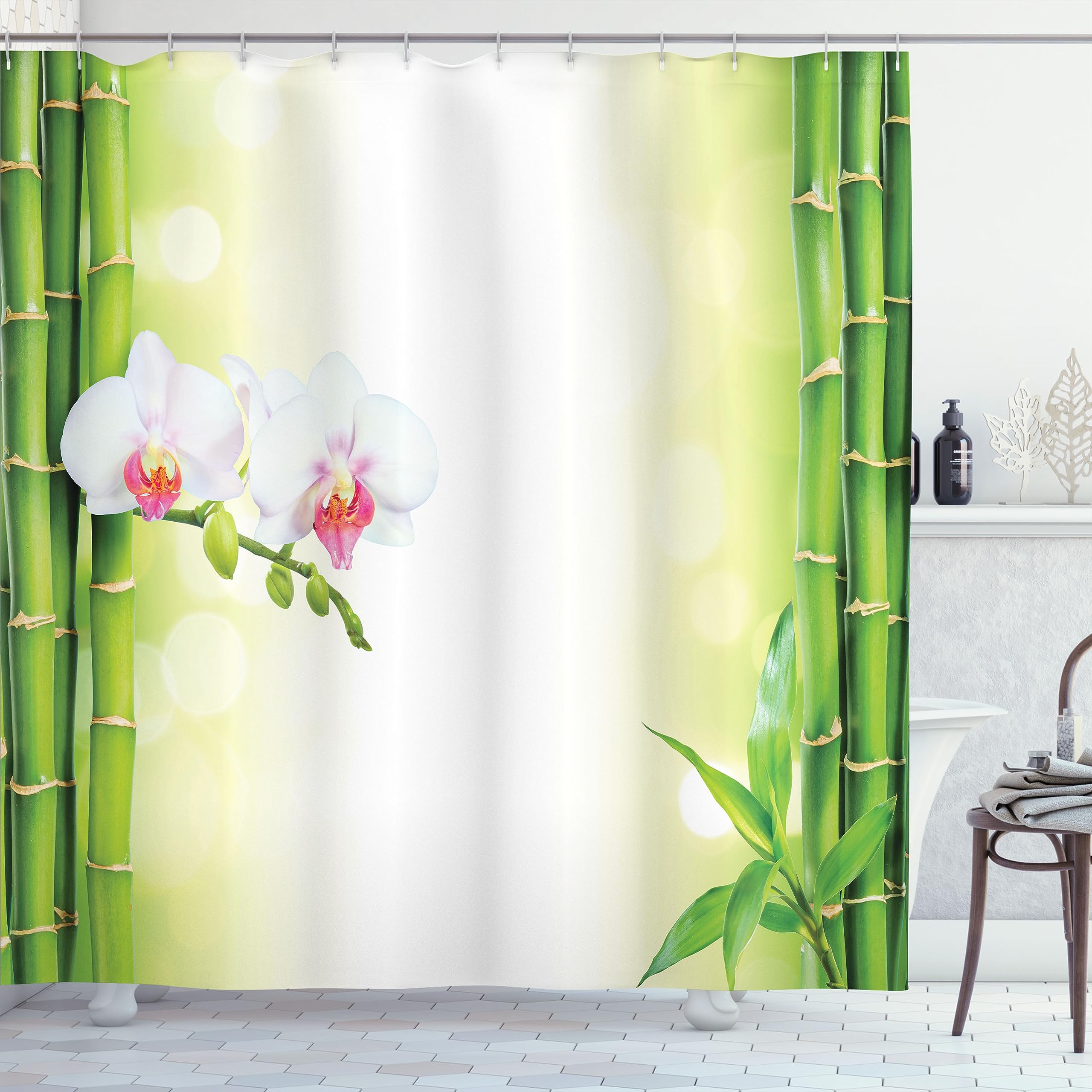 ABAKUHAUS Spa Themed Shower Curtain, Orchid Flowers with Branches Calm Concept Arrangement Pattern on Blurry Back, Cloth Fabric Bathroom Decor Set with Hooks, 86" Inches, Green and White