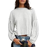 HOWALOOK Womens Puff Sleeve Crewneck T-Shirt Relaxed Cropped Tshirts Loose Fit Pullover Tops Lounge Tee Shirt