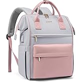 LOVEOVOOK 15.6 Inch Laptop Backpack for Women, Large Capacity Travel Backpack with USB Charging Port, Waterproof Work Backpack for Business, College, Nursing & Airline Travel,Pink&Gray
