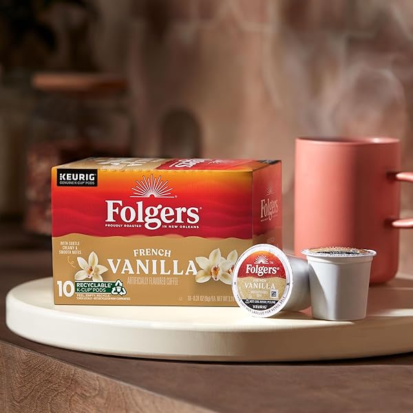 FOLGERS FRENCH VANILLA ARTIFICIALLY FLAVORED COFFEE, KEURIG K-CUP PODS, 10 COUNT BOX