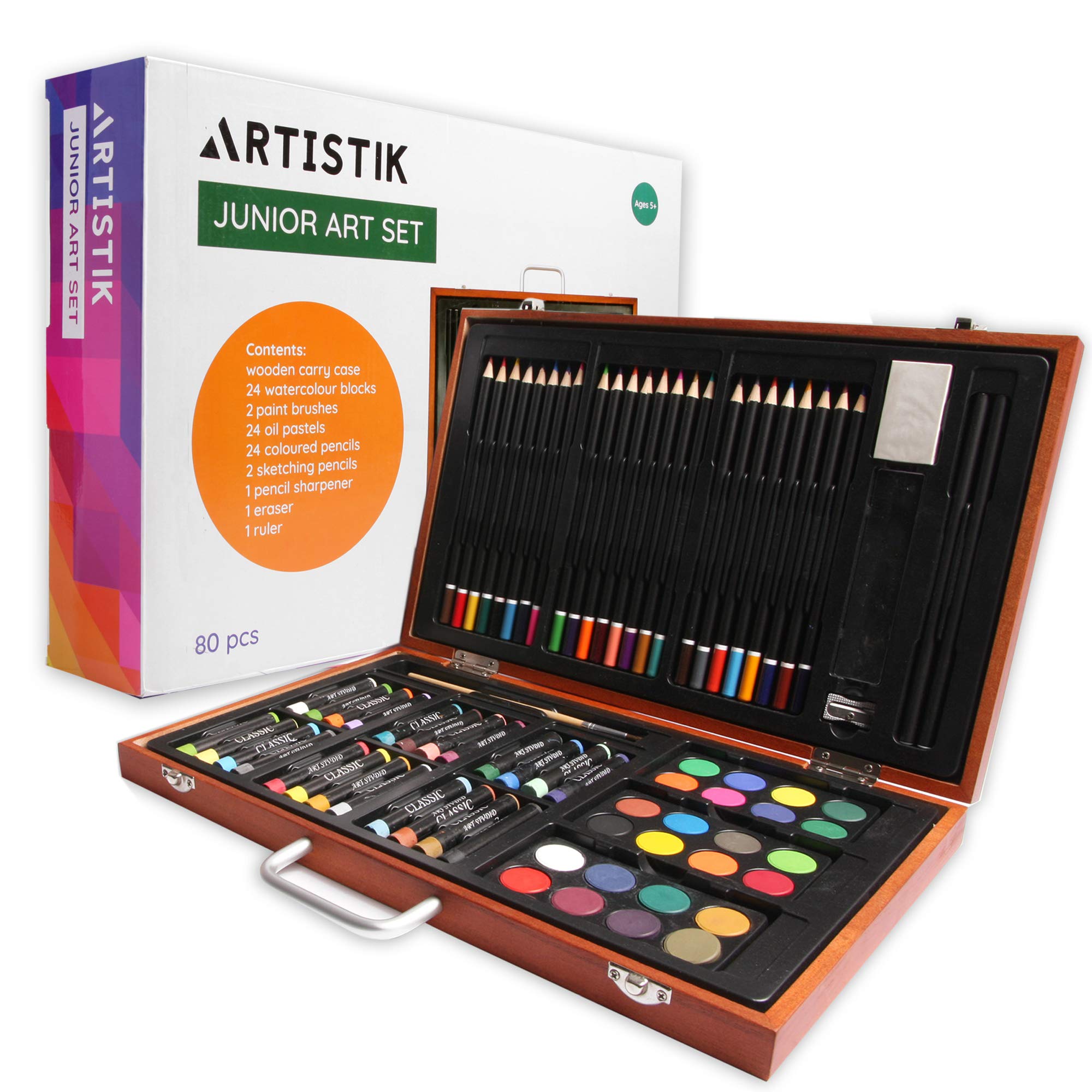 ARTISTIK Junior Art Set – 80-Piece Kids Art Set with Wooden Case for Teens and Adults – Professional Creative Watercolor Painting, Coloring, and Drawing Kit