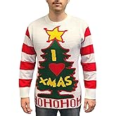 I Love Xmas HO HO HO Ugly Christmas Sweater - Holiday Movie Costume Party 00s Gift - Stripes Tree Star Candy Canes - White