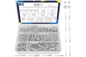 ZQZ 970Pcs Aluminum Pop Rivets with Washer Assortment Kit, 14 Sizes Silver Rivets with 3/32" 1/8" 5/32" 3/16" Blind Rivets, Assorted Pop Rivets Set