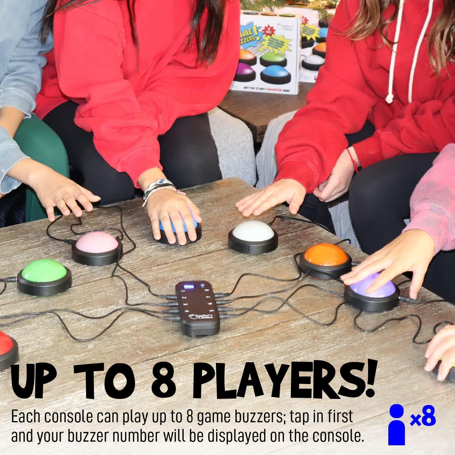 Teacher's Choice Light Up Game Buzzer System, Displays The Winning Player Loud, Unique Sounds for Each Buzzer, Great for Trivia Games, Family Feud, Jeopardy (8 Pack)