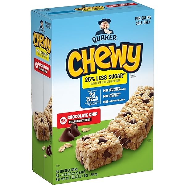 QUAKER CHEWY LOWER SUGAR GRANOLA BARS, CHOCOLATE CHIP, 58 COUNT
