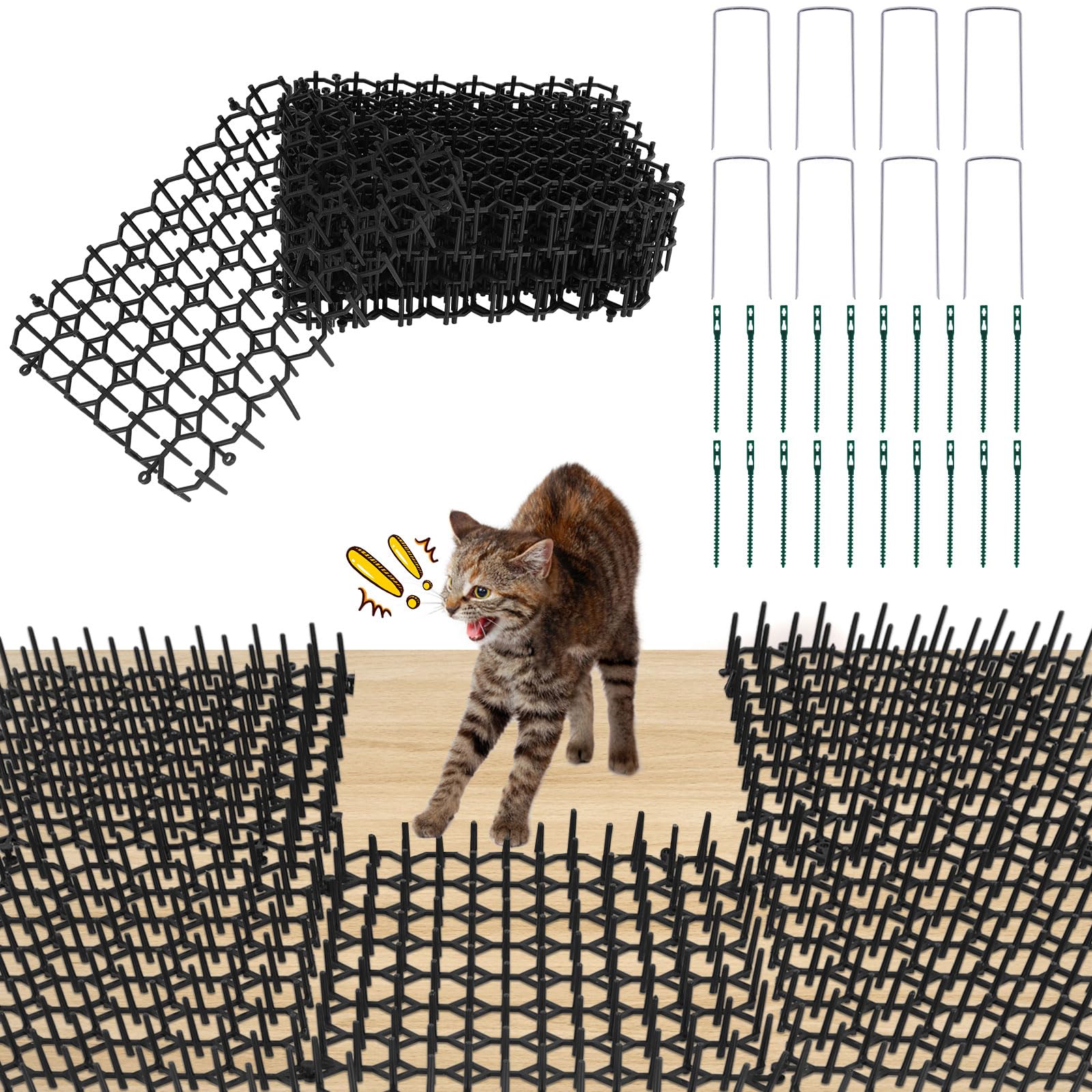 12Pcs Anti Cat Spikes - Plastic Cat Scat Mat with Spikes 20x15cm, Animal Barrier Thorn Grid Against Cats with U-Shaped Nail and Ties, Preventing Animals from Entering the Garden and Destroying Plants