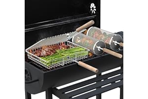 Ivtivfu Grill Baskets, Removable Wooden Handle, 304 Stainless Steel, Rolling Grilling Net, BBQ Accessories Tools for Vegetables Shrimp, Outdoor Cooking Camping, Gifts for Men Dad Husband