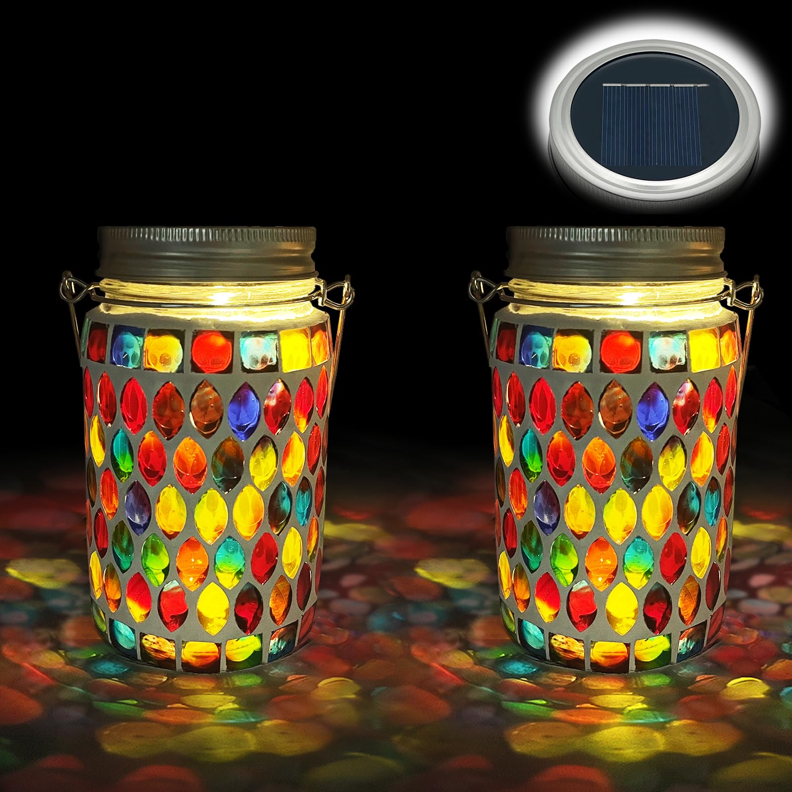 TOTHDATE 2PCS Mosaic Solar Lights Outdoor Garden, On/Off Glass Hanging Solar Mosaic Lanterns Lights IP65 Waterproof for Table Lawn Path Courtyard Deck Fence, Red Mosaic Glass