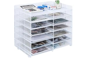 TQVAI Desk File Organizer 7 Tier Mail Sorter Countertop Adjustable Literature Organizer 12 Slots Paper Storage Rack Letter Tray Filing Holder for Office Home School Classroom, White