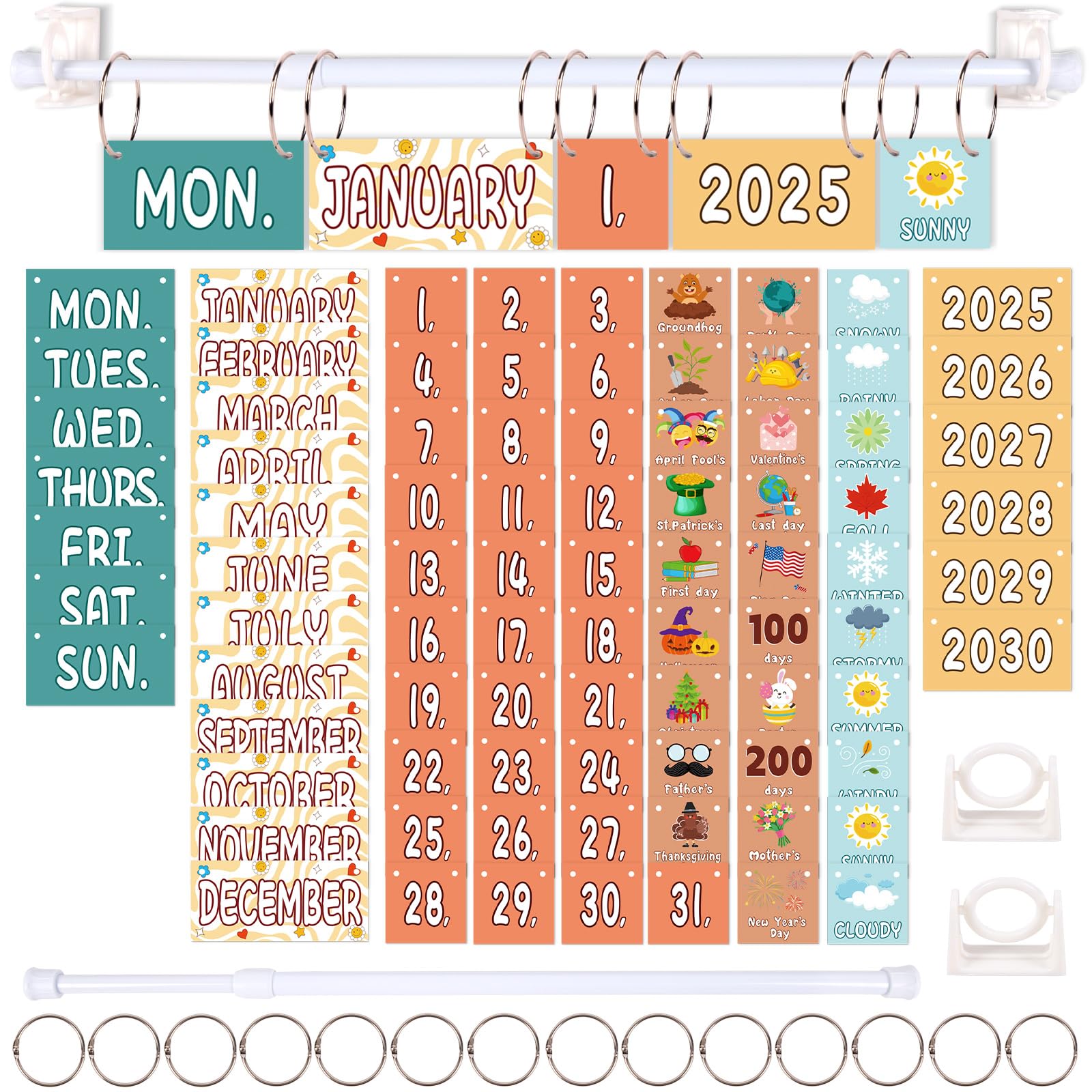 Photo 1 of 102pcs Flip Calendar for Classroom Decor – Boho Bulletin Board Set with Hanging Rod, Date, Birthday Card for Teacher Organization, Back to School