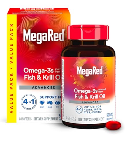 Amazon.com: MegaRed Advanced 4 en 1 2X Concentrado 500mg Omega-3 Aceite de  pescado y aceite de krill antártico con ácido graso, EPA/DHA apoya corazón,  cerebro, articulaciones, salud ocular, 80 cápsulas blandas :