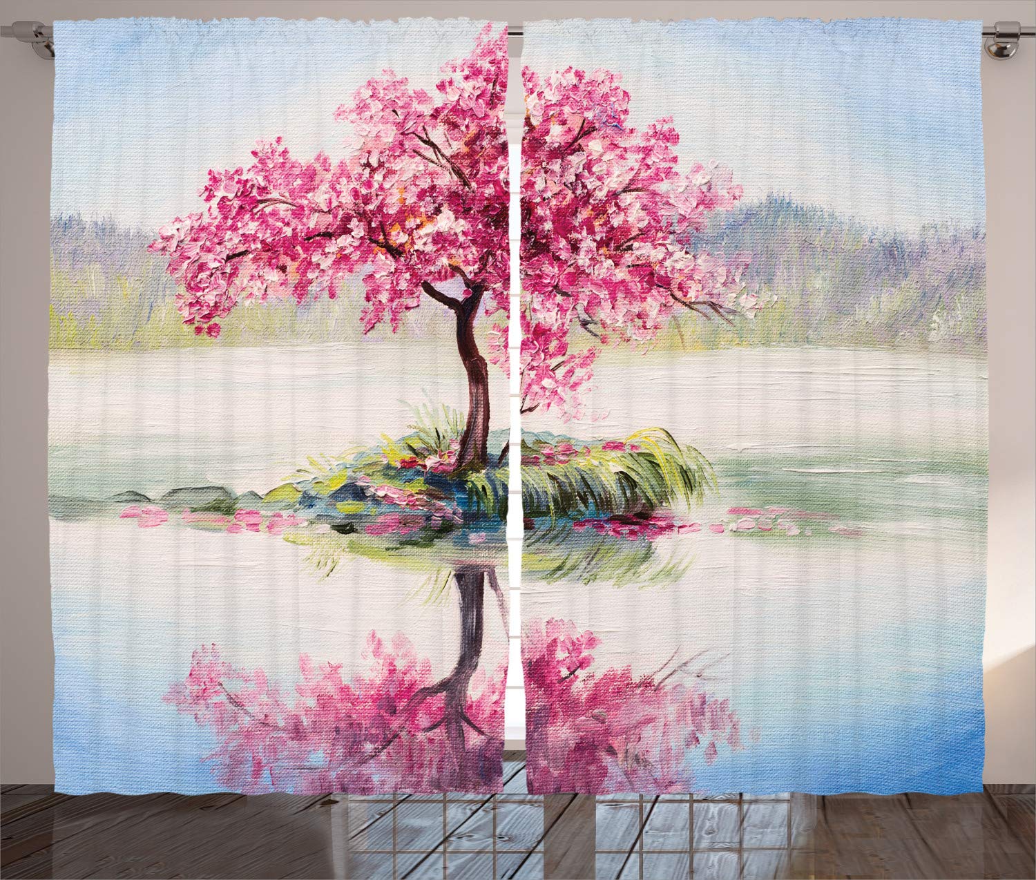 ABAKUHAUS Country Curtains, Image Blooming Japanese Cherry Tree Sakura on the Lake Soft Romantic Culture Print, Living Room Bedroom Window Drapes 2 Panel Set, 96 L X 110 W, Multicolor