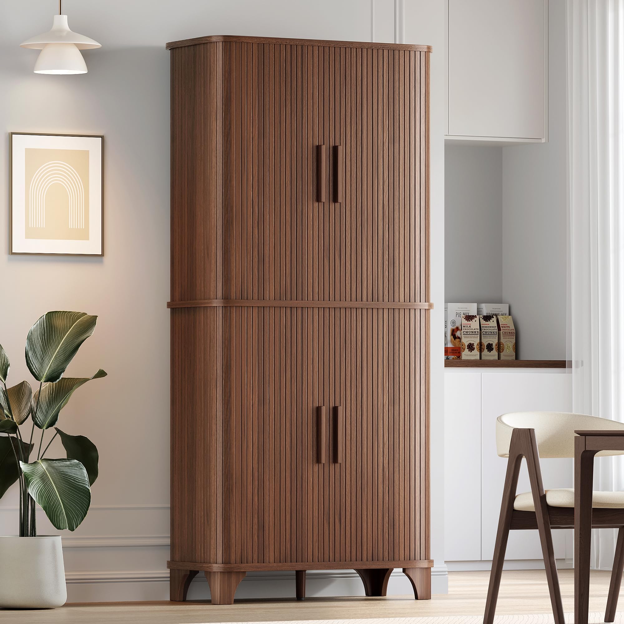 Photo 1 of Decofy 69" Tall Kitchen Pantry Storage Cabinet with Sliding Door, Modern Curved Edge Pantry Storage Cabinet with 5 Shelves, Cupboard for the Kitchen, Dining Room, Bedroom, Living Room, Office (tan)