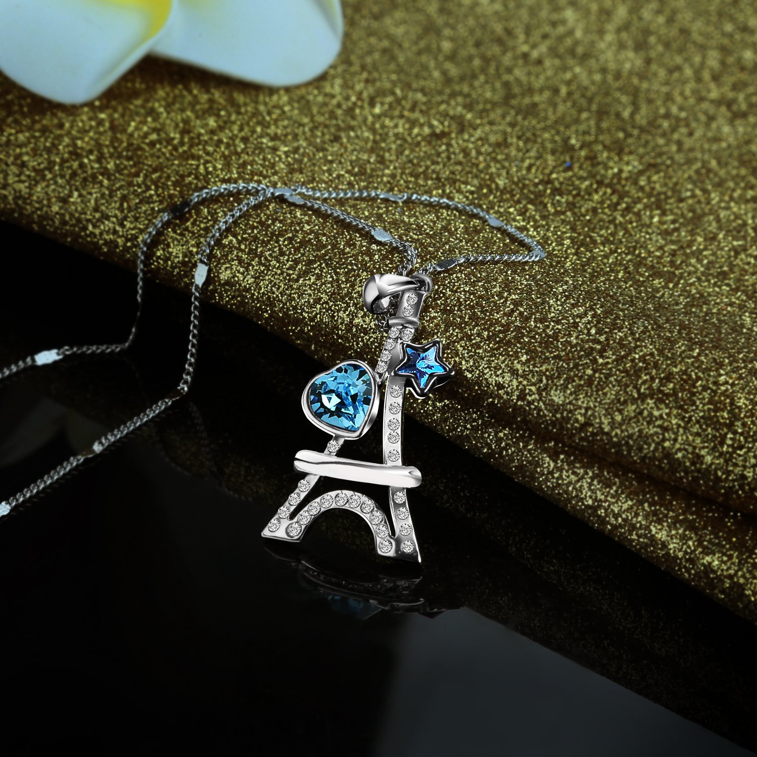 Pealrich “ Eiffel Tower” Style Fashion Jewelry Pendant Love Necklace with Swarovski Crystal,Best Gifts for Women and Girls (Blue)