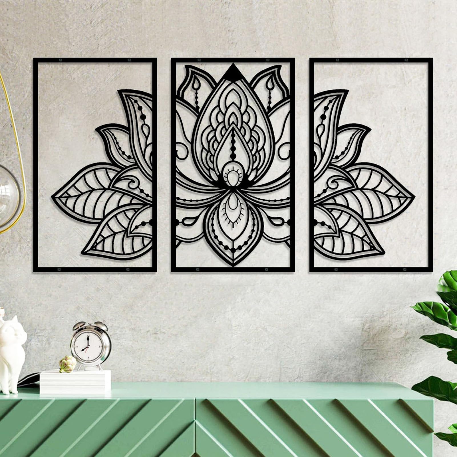ESTART Large Lotus Flower Metal Wall Art 3-piece Set, Religion Faith Mandala Home Wall Decoration for Living Room, Bedroom, Office and Yoga Room (Black, Large)