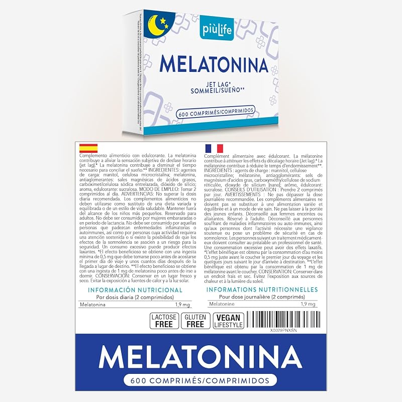 Melatonine 1,9 mg pour Bien Dormir PiùLife Sommeil Adulte, 600 Comprimés