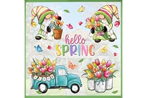 Mfault Hello Spring Gnome Window Clings 4 Sheets, Tulip Flower Teal Truck Mason Jar Farmhouse Wall Stickers Decal Decorations, Floral Bloom Butterfly Seasonal Living Room Home Kitchen Decor