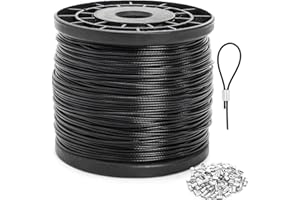 Yarlung 1/16 Inch x 500 Feet Wire Rope Cable with 200 Pcs Crimping Sleeves, Stainless Steel Braided Wire Stranded Rope, Black Vinyl Coated Aircraft Cable for Clothesline, Trellis, 7x7 Strands Core
