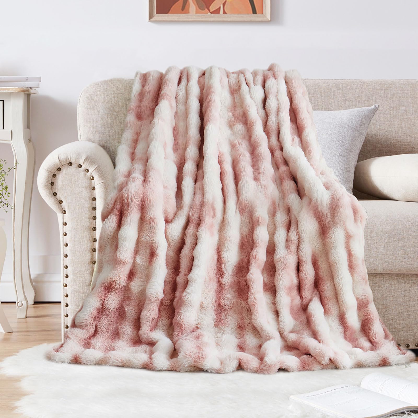 SHANNA Soft Warm Rabbit Plush Fleece Blankets Thick 1000 GSM Throws for Sofa Large Fluffy Versatile Blanket Bed Throw for Bedroom, Couch, Travel, Kids, Camping (Tie Dye Pink, 130 * 160cm)