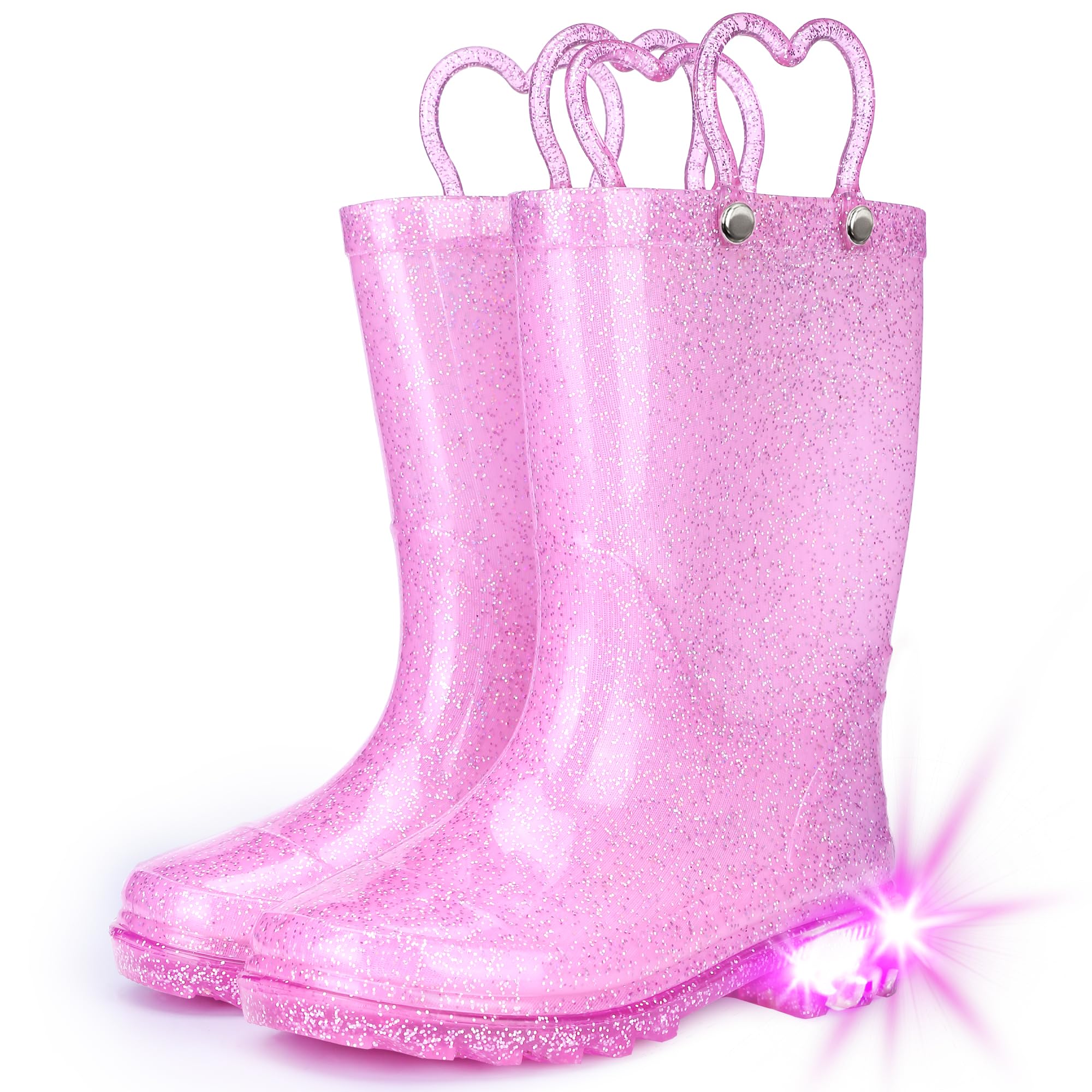 Photo 1 of **DIRTY SOLES** Funspread Toddler Rain Boots - Glitter Light Up Kids Rain Boots with Easy-On Handles, Lightweight Waterproof Rain Shoes Glitter Pink Size 7