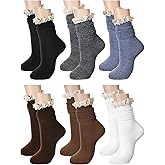 Fourluoo 6 Pairs Women Slouch Socks - Ruffle Frilly Turn Cuff Cotton Knit Lace Trim Knee High Scrunch Boot Socks