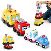 iPlay, iLearn Baby Stacking Nesting Car Toy, Toddler Montessori Vehicle Set | 4 in 1 Infant Push Go Car, Magnetic Crawling Sensory Toy w/ Light Sound, 1st Birthday Gift for 18 Month Ages 2 3 Boy Girl Kid