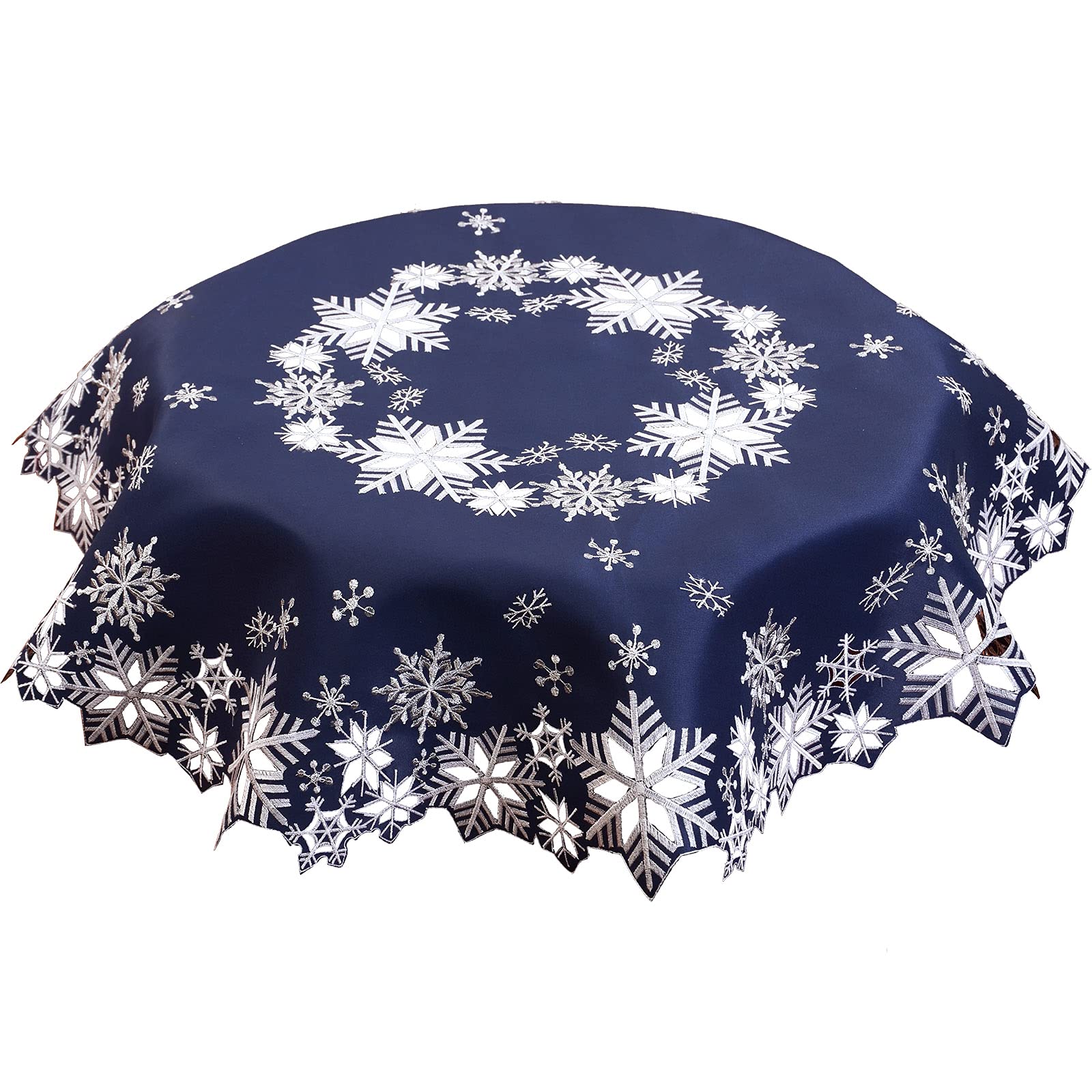 Simhomsen Small Embroidered Snowflakes Tablecloth, Round Toppers for Christmas Holiday and Winter (Navy, Round 34 inches) — image 1