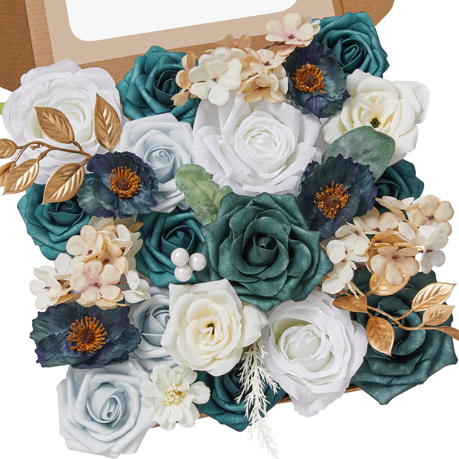 Alecono Artificial Flowers, Silk Flowers with Stems Wedding Flowers Combo Box Set for DIY, 𝙎𝙚𝙩 𝙤𝙛 𝟮, Bluish Green Wedding Cake Flowers for Table Decorations