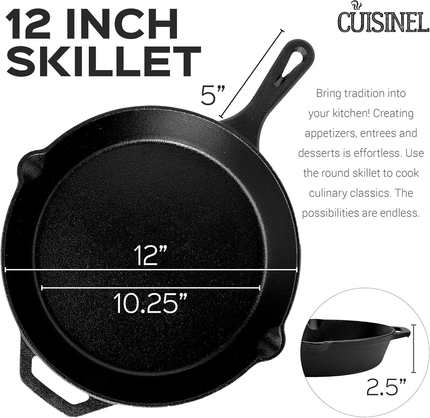 Pre-Seasoned Cast Iron Skillet (12-Inch) with Handle Cover Oven Safe Cookware - Heat-Resistant Holder - Indoor and Outdoor Use - Grill, Stovetop, Induction Safe: Kitchen & Dining