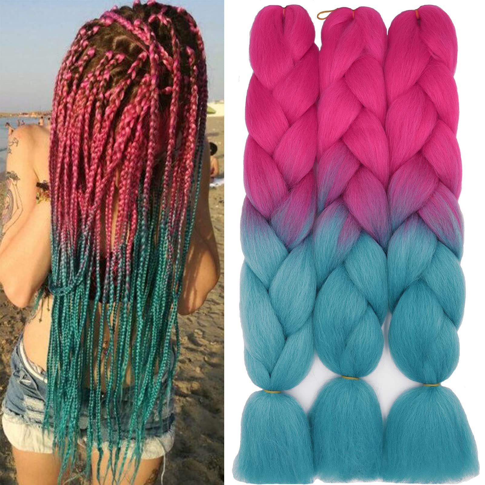 24" Braiding Hair Extension Jumbo Braids Synthetic 3bundles/pack Crochet Hair Afro Box Braid Heat Resistent (Rose Red&Lake Blue) โ image 1
