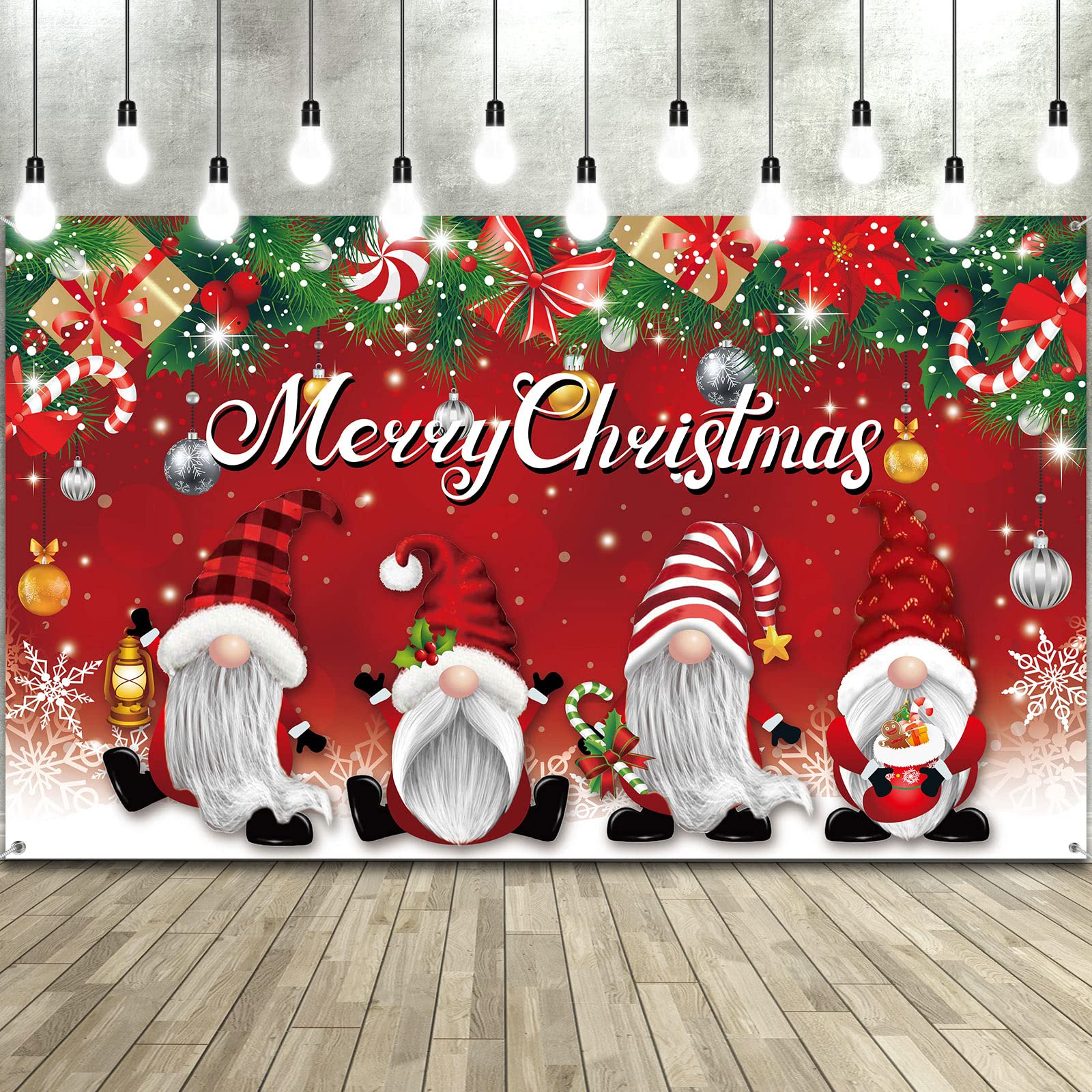 Tatuo Merry Christmas Party Backdrop Decorations Large Fabric Red Xmas Gnome Banner Photo Booth Background for Christmas Winter Holiday Party Supplies 73 x 43 Inch