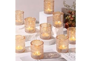 SIMEITOL 15Pcs Glass Votive Candle Holders, Gold Tea Light Candle Holders Vintage Fall Tealight Candle Holder Bulk for Autumn, Thanksgiving Table Centerpieces, Christmas Decor (Gold)