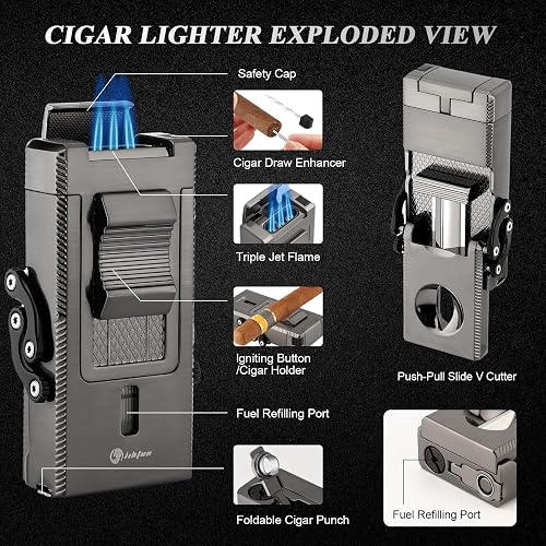 Cigar Torch Lighter, All-in-1 Cigar Lighter Built-in Cigar Holder Cigar Punch Cigar Draw Enhancer Cigar Cutter V Cut, Double Jet Flame Refillable Butane Lighters For Smoking, Cigar Gift For Men