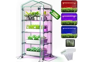 PYY Mini Indoor Greenhouse with Grow Light - Small Portable Outdoor Plant Green House Cabinet with Wheels, Thermometer, PVC Tent Cover, 4 Dimmable 3 Color 2FT 36W LED Kit, 4 Tier Gardening Shelves