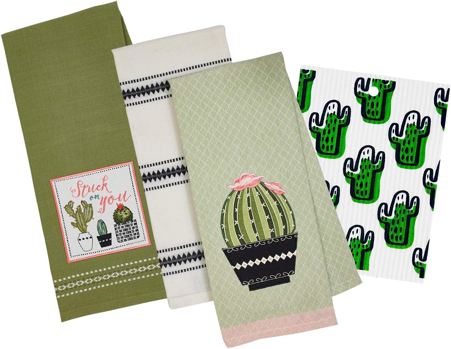 Cactus Themed Decorative Cotton Kitchen Towel Set | Southwest, Boho, Western Style Print | Towel Set for Dish and Hand Drying | Includes Swedish Dishcloth