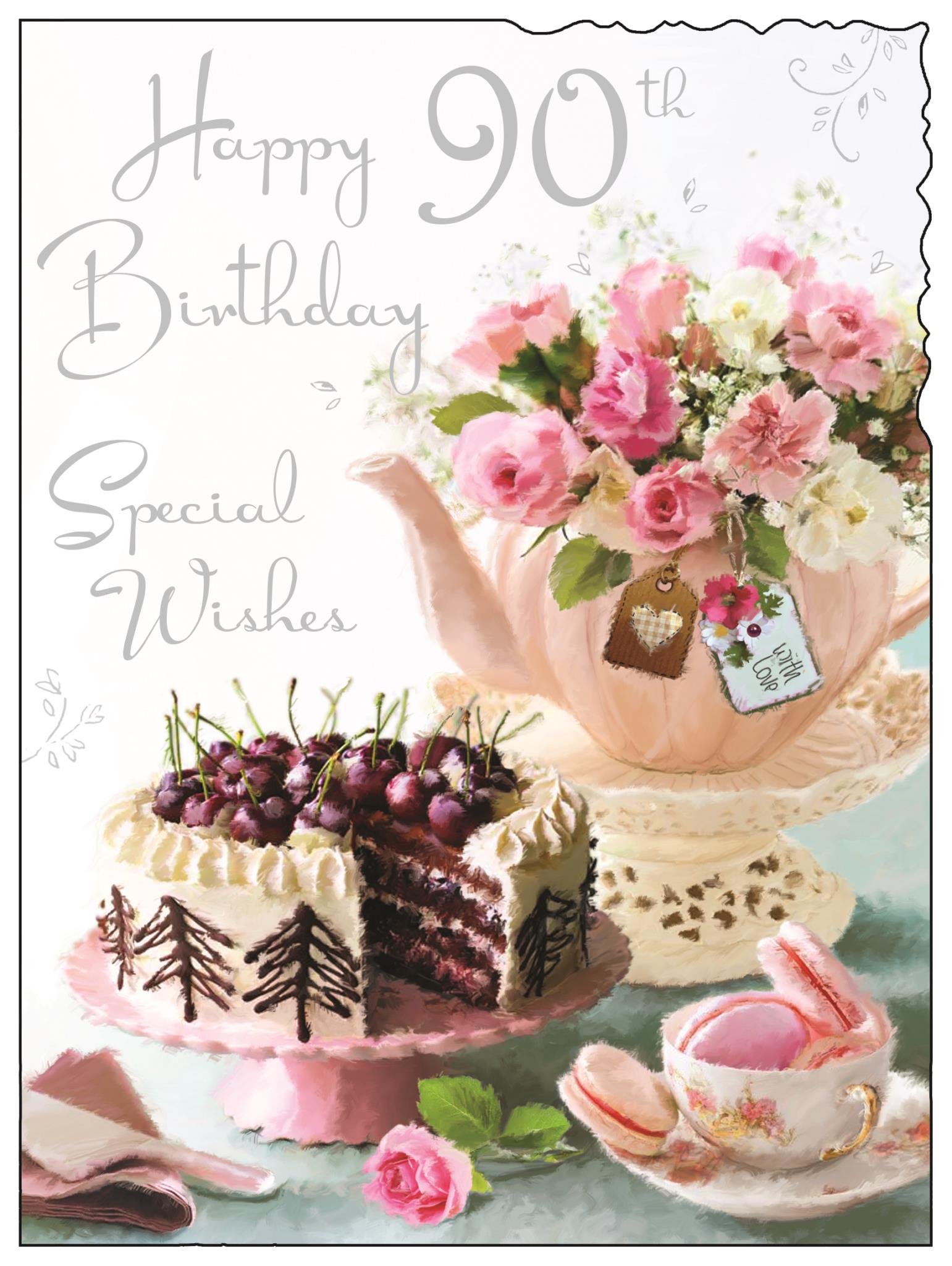 Greeting Card (JJ4085) Female 90th Birthday - Pink Teapot and Cake - Foil Embossed Finish