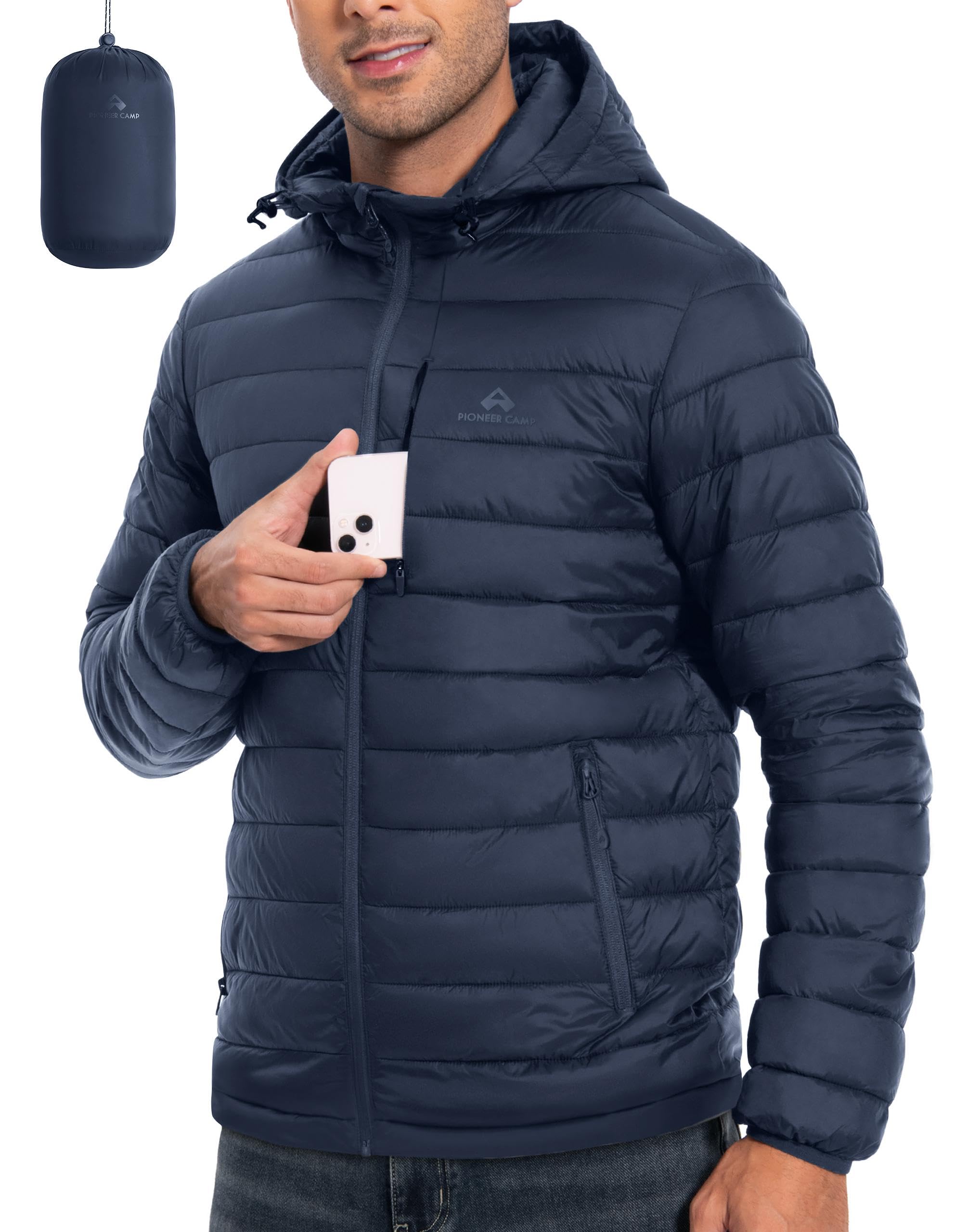 Photo 1 of Mens Hooded Puffer Jacket Mens Lightweight Winter Jacket Packable Puffy Jacket Thermal Winter Coats for Men Travel Ski
