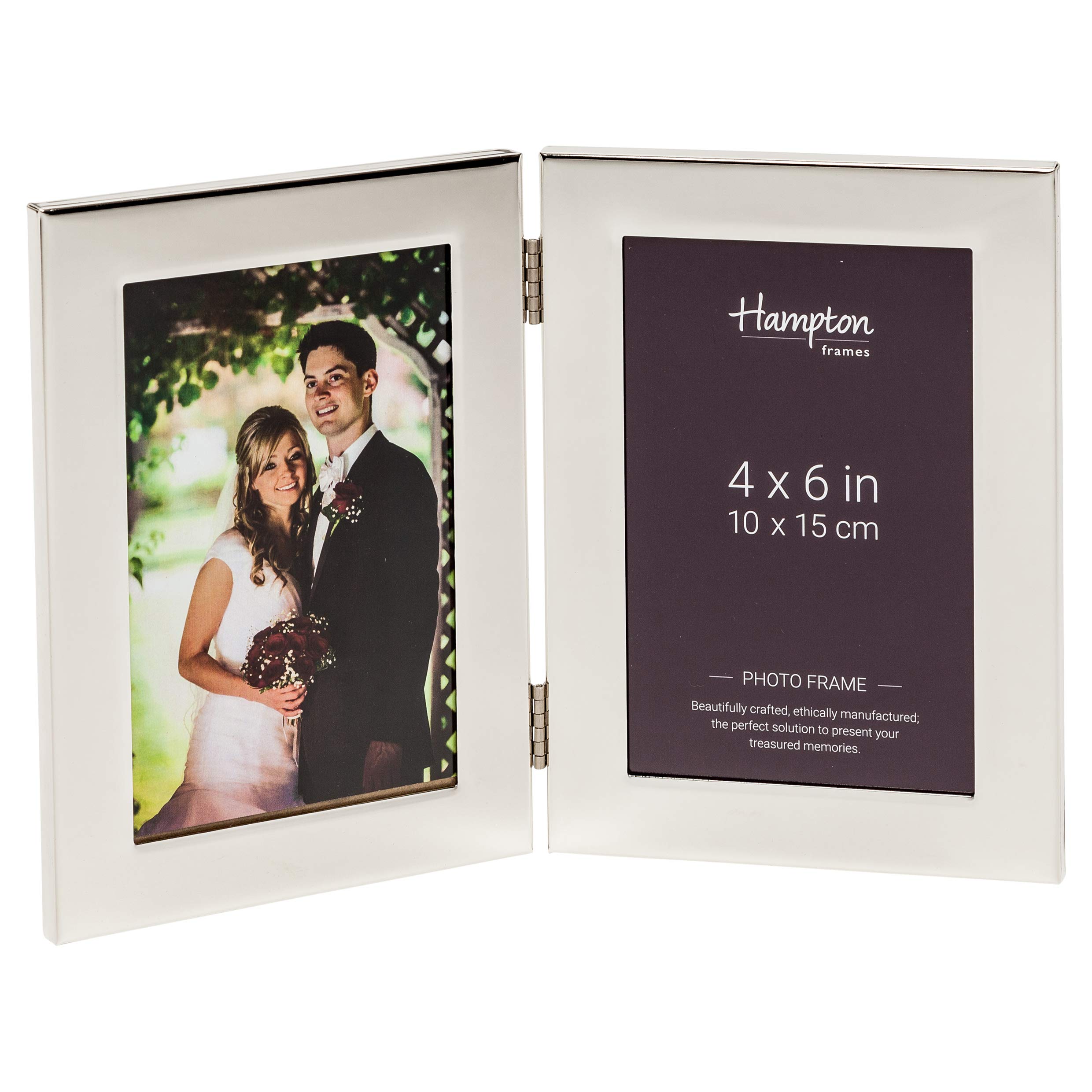 Hampton Frames | Double Photo Frame, WOBURN Model | 4x6in (10x15cm), Polished Silver Plate, Vertical, Hinged, Glass Front | Tabletop Display, Memory Keepsake
