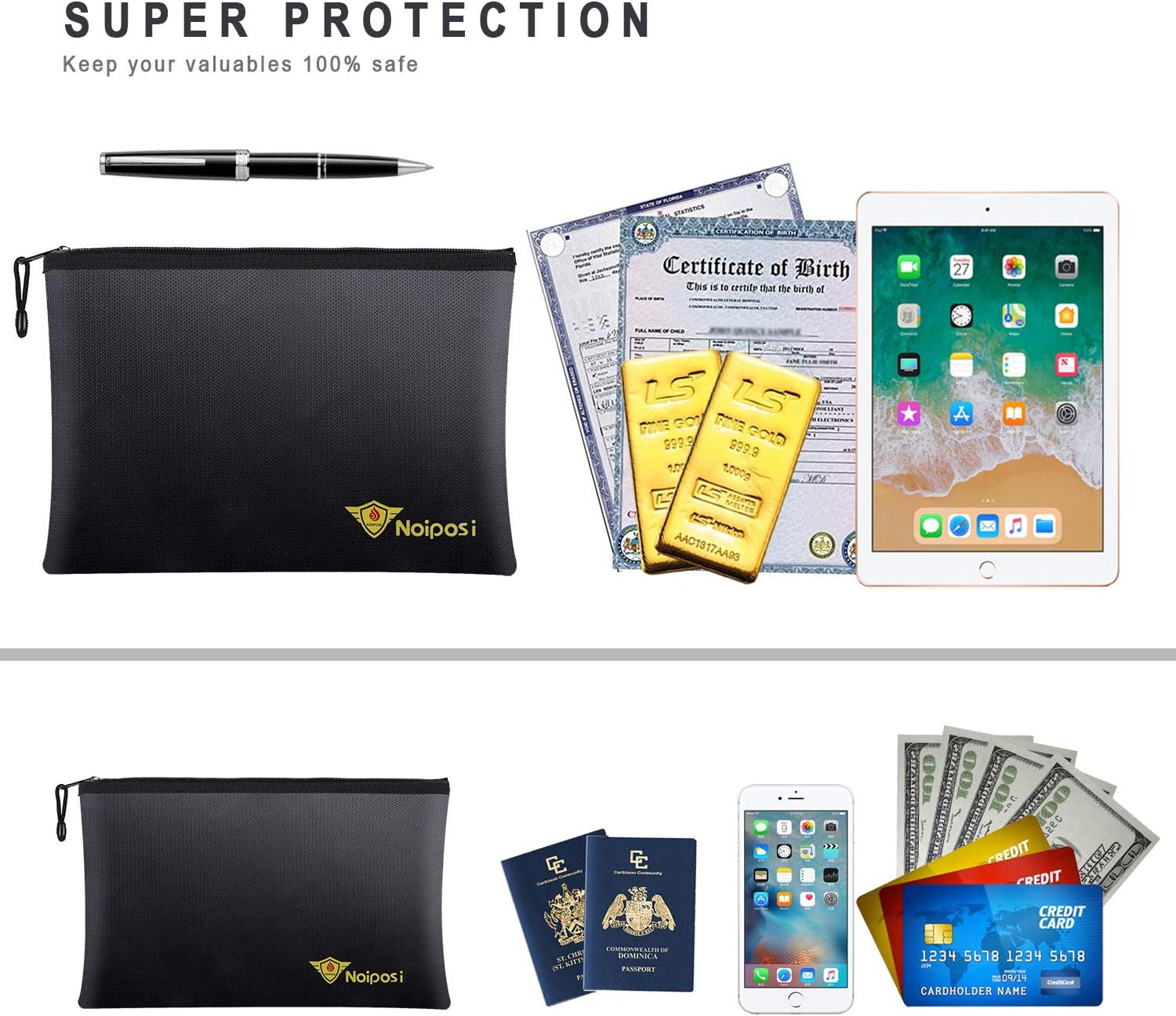 Noiposi Fireproof Document Bags, 13.4”x9.4” Waterproof and Fireproof Bag for Documents and 10.6”x6.7” Fireproof Money Bag with Zipper, Silicone Fire Safe Storage Pouch for Documents, Money and Cash - - 