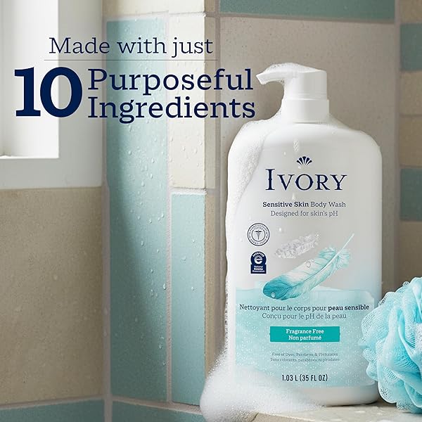 IVORY BODY WASH, DESIGNED FOR THE WHOLE FAMILY, GENTLE FORMULA, FREE OF DYES HEAVY PERFUMES PARABENS PHTHALATES & SILICONES, DESIGNED FOR SKIN’S PH, FRAGNANCE-FREE, 35 OZ