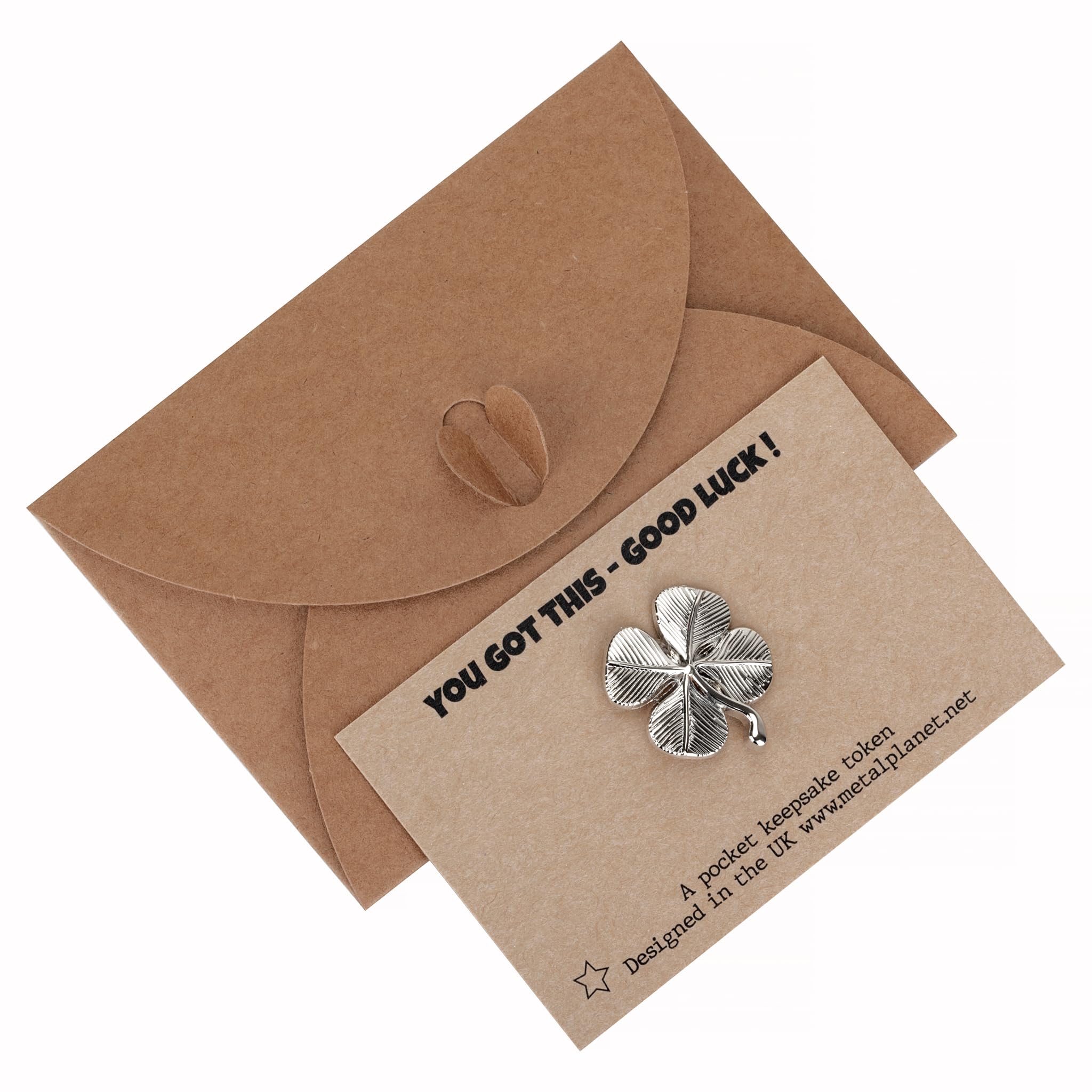 Good Luck shamrock 4 leaf clover metal keepsake token on a kraft gift card with matching envelope - YOU GOT THIS - GOOD LUCK! printed message