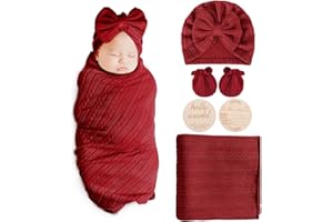 AQOKKA Newborn Receiving Blanket with Bow Hat Mittens Wooden Card Set Wheat-Pattern Newborns Toddler Baby Boy Girl Nursery Swaddle Wrap
