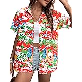 Women Christmas Hawaiian Shirt Hawaiian Santa Claus Vacation Shirt Christmas Funny Graphic Button Up Short Sleeve Top