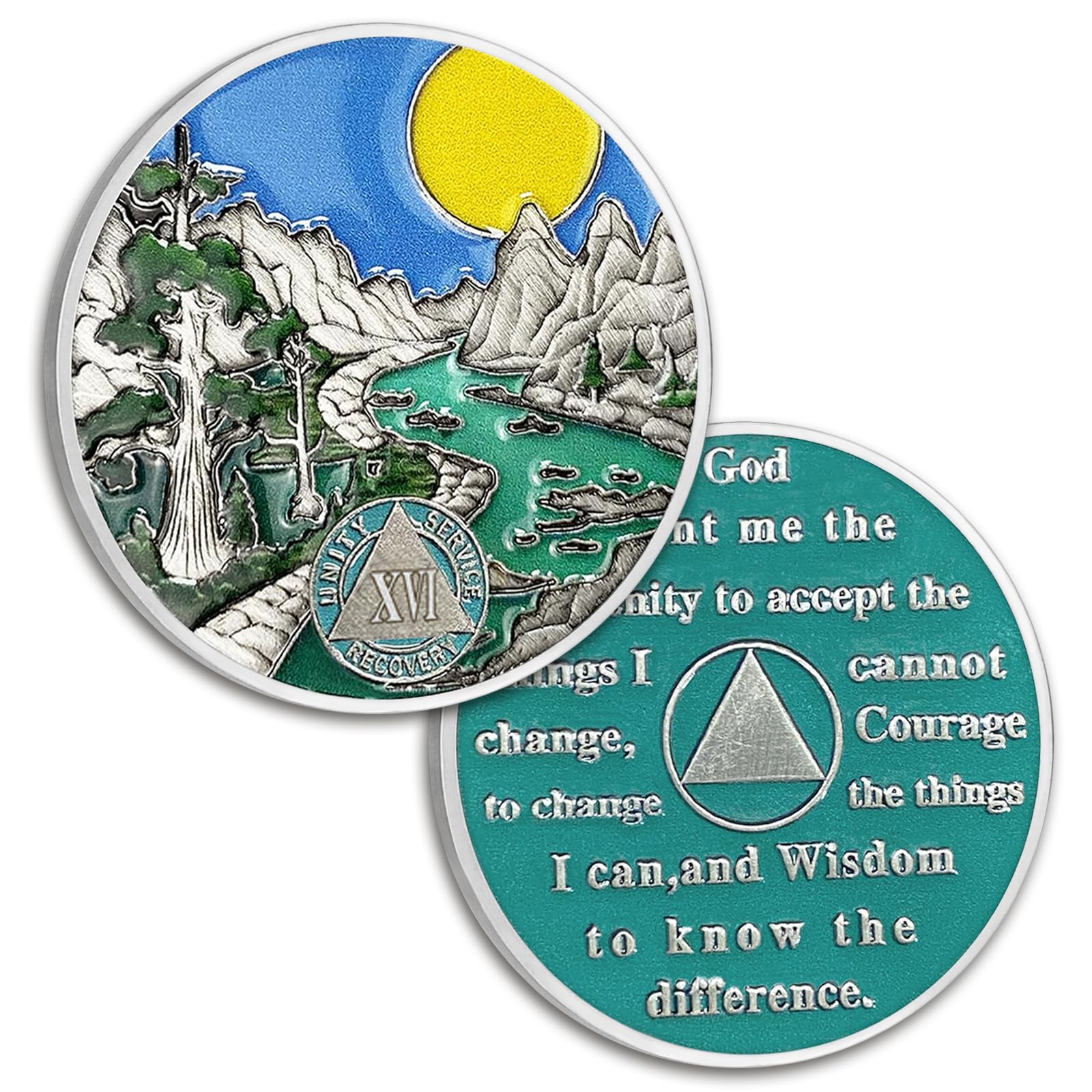 16 Years Sobriety Coin Valley River Sobriety Chip Sun Chips Medallion AA Chips and Medallion Alcoholics Anonymous Coins Sobriety Gifts for Men Women Recovery Gift Sober Anniversary Token