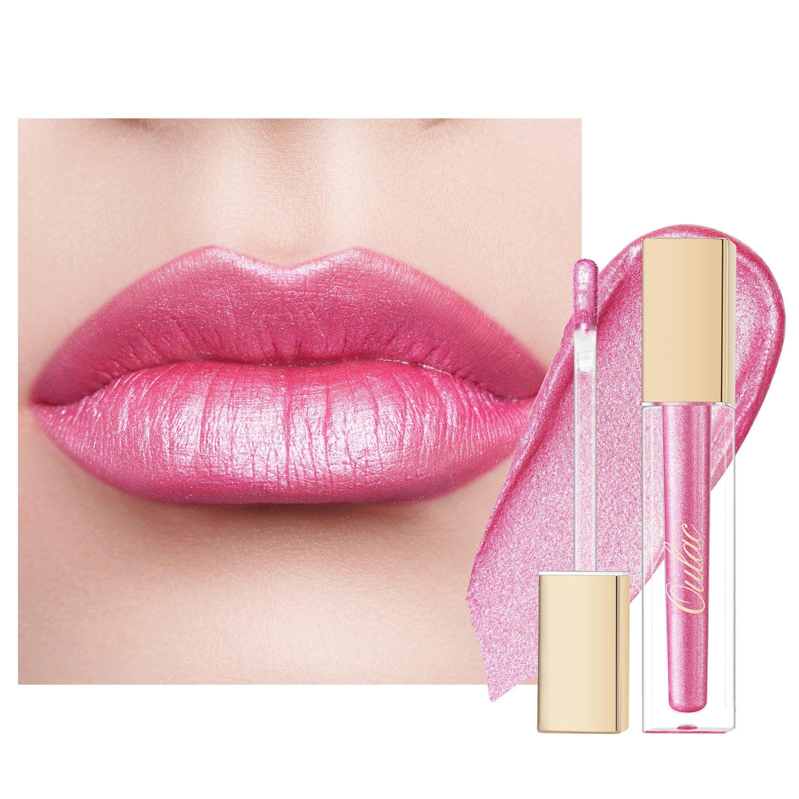 Oulac Metallic Pink Lip Gloss - Diamond Glitter Lipstick, Liquid Cream Eyeshadow, Long Lasting & Waterproof, Metallic Shimmer Finish, High-impact Lip Stain, No Transfer, Vegan, 4.5ml MD08 Pink Party